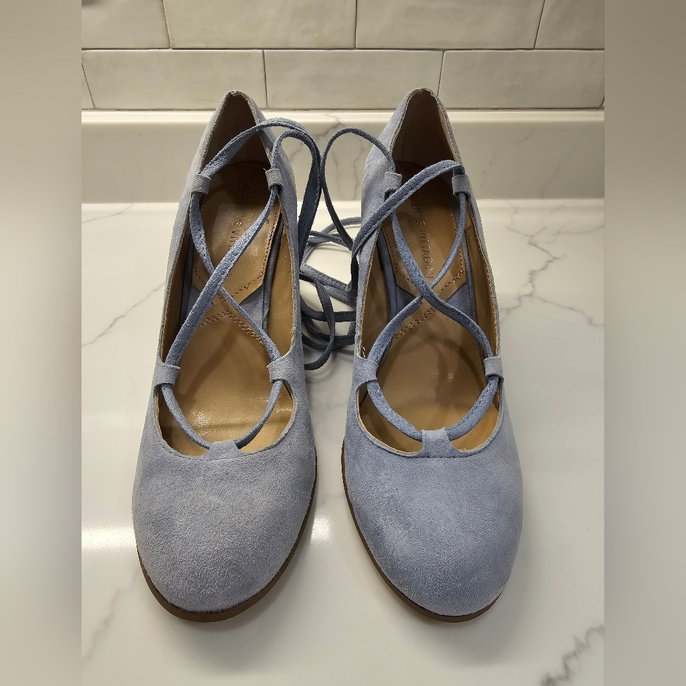 Adrienne Vittadini Smiley Blue Suede Wedge Sandles With Lace Up Wrap